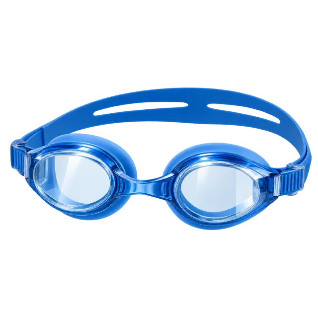 Blue swim goggles have clear lenses and a curved strap
