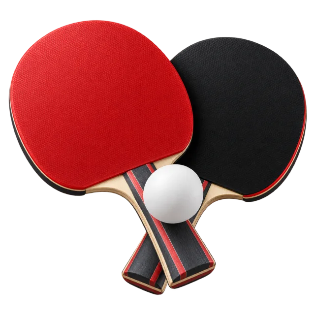 Red and black table-tennis paddles sit with a white ball