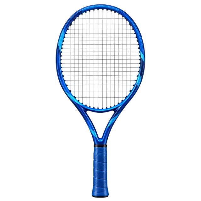 A blue tennis racket has pale strings