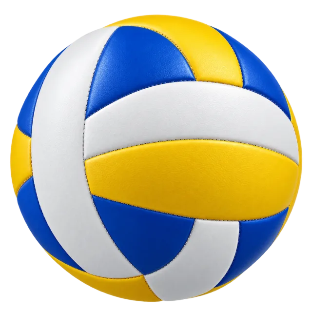 A volleyball has curved blue, yellow and white panels