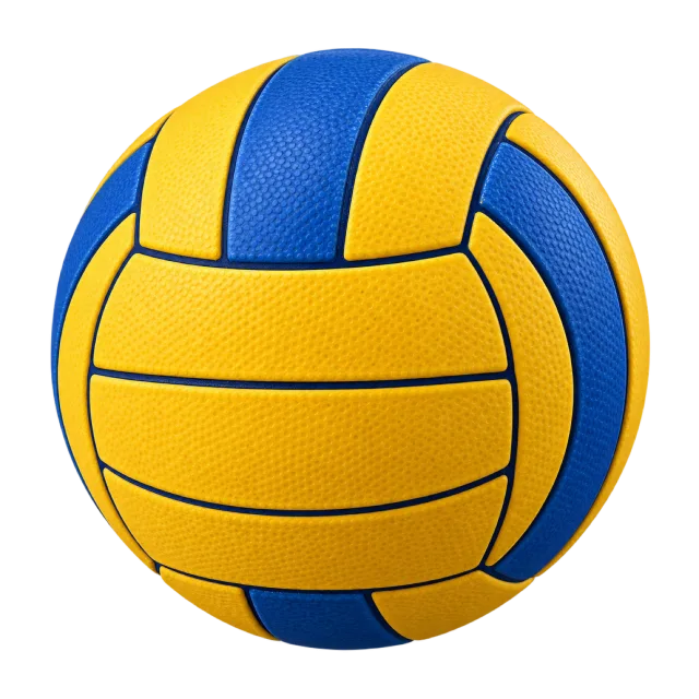 A yellow water-polo ball has blue curved panels