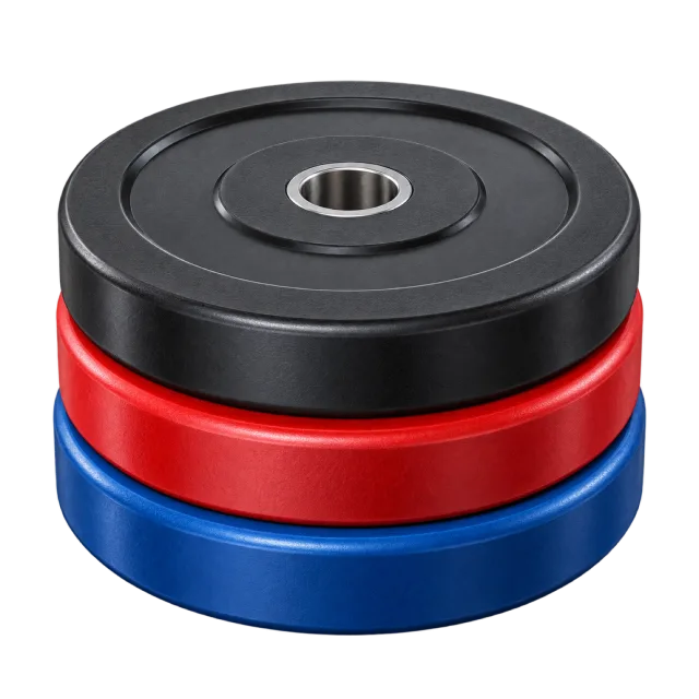 Black, red and blue weight plates form a stack
