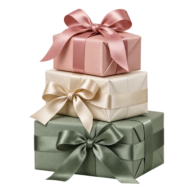 Realistic-style stack of sage green, cream and dusty pink gift boxes with satin bows on a transparent background