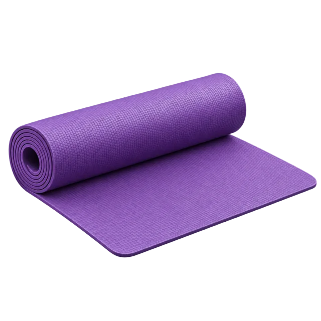 A purple yoga mat is partly unrolled