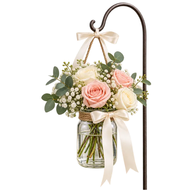 A hanging glass jar holds pink and cream flowers beside a dark aisle hook