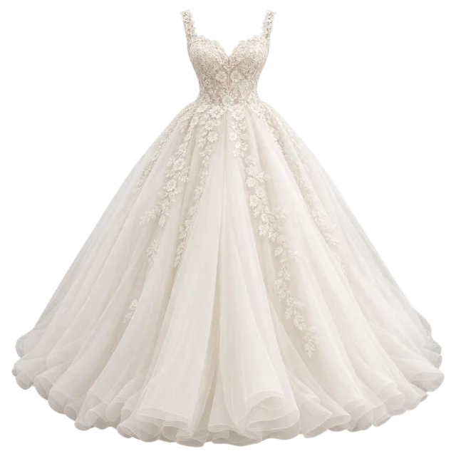 An ivory ball gown has a fitted bodice and full skirt