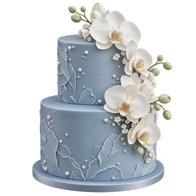 A two-tier blue cake has white orchids and delicate branch patterns