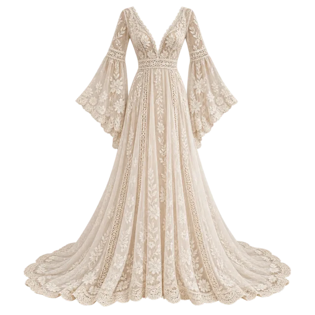 A cream lace gown has flowing bell sleeves