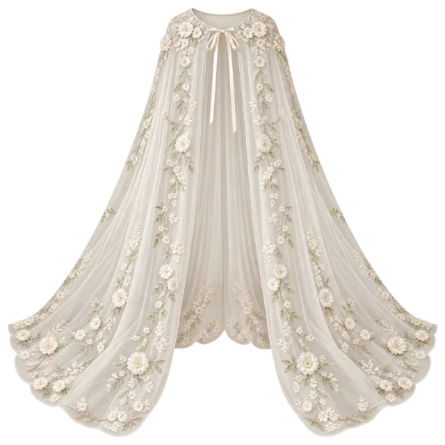 A long pale bridal cape has scattered floral embroidery