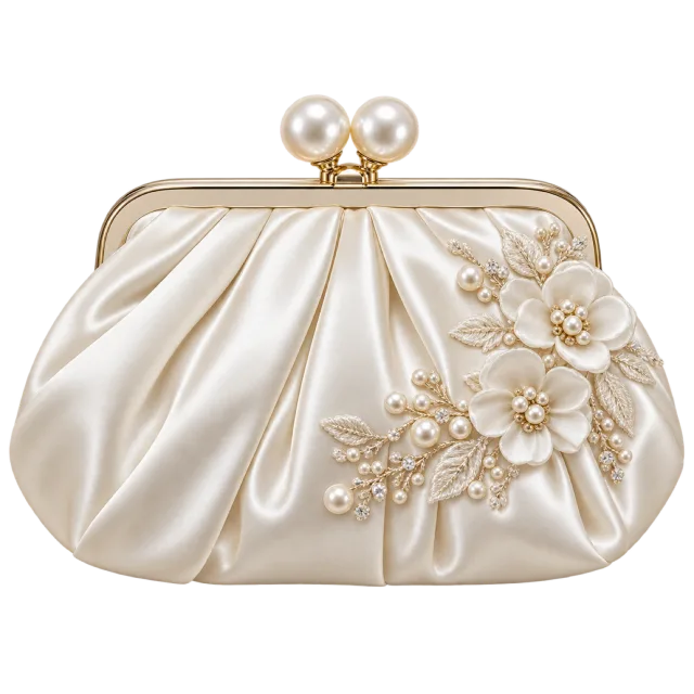 An ivory clutch has a pearl-style clasp and floral decoration