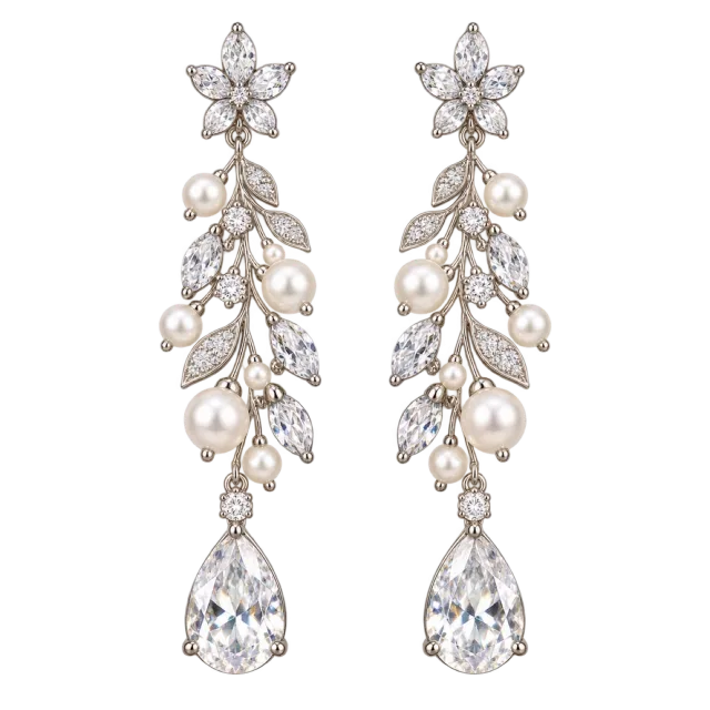 Long silver-colored earrings have clear stones and pearl-like drops
