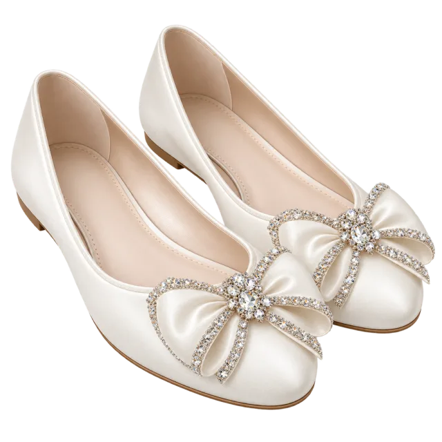 Ivory flat shoes have decorated bows