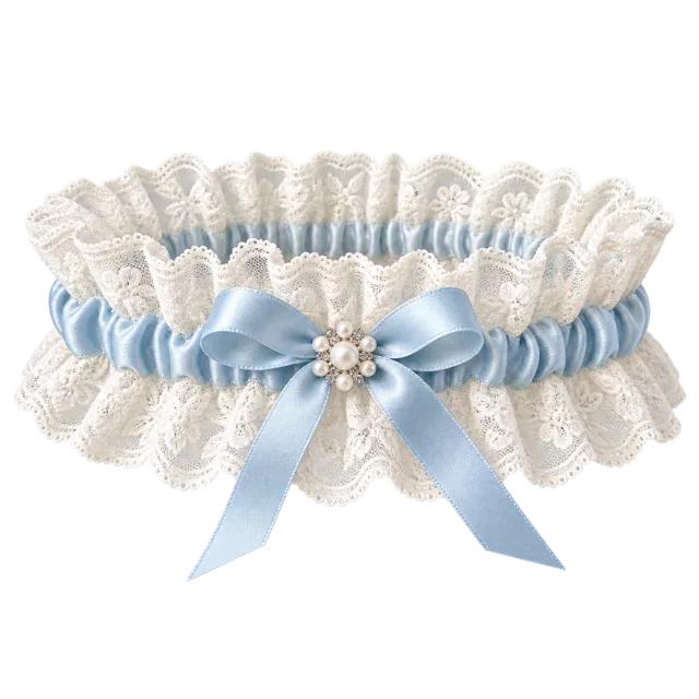 A white lace garter has a pale blue ribbon bow
