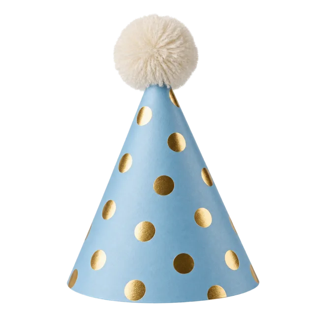 Realistic-style pale blue party hat with gold dots and a cream pom-pom on a transparent background