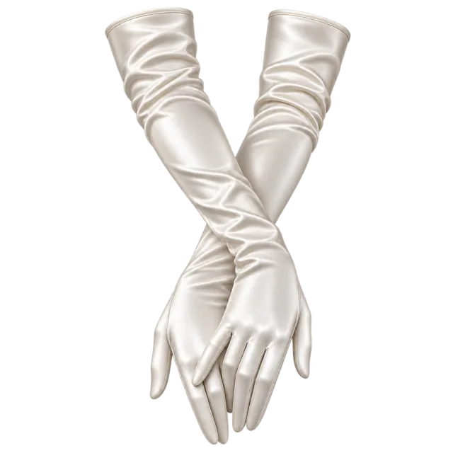 Long ivory gloves have softly gathered fabric