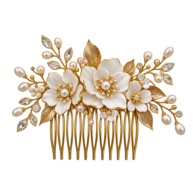 A gold-colored hair comb has white flowers and pearl-like accents