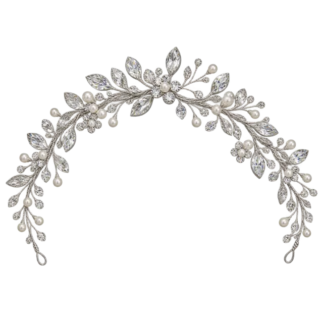 A silver-colored floral hair vine curves into a semicircle