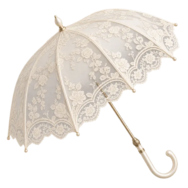 An ivory lace parasol has a curved handle