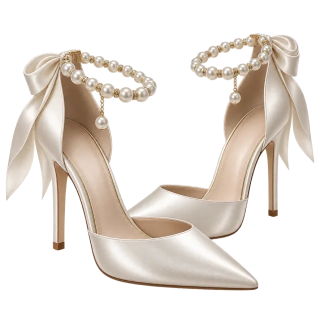 Ivory heels have ankle decorations and long ribbon tails