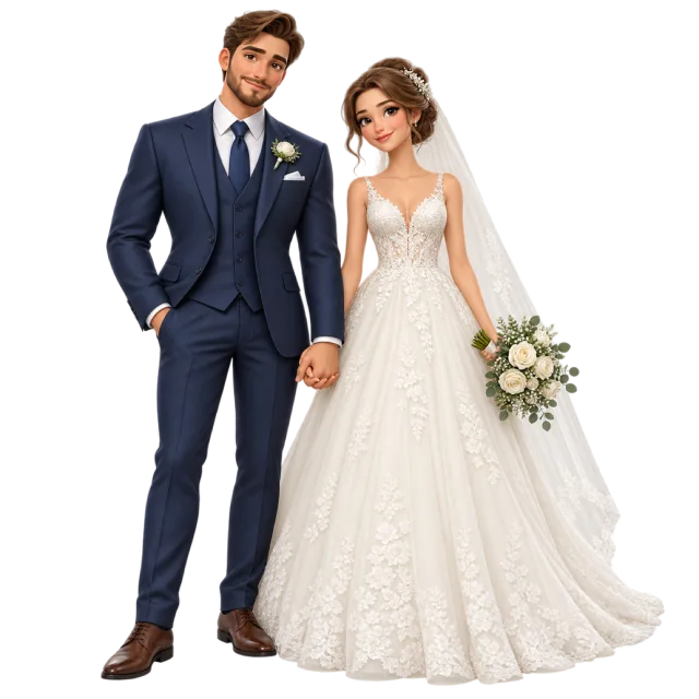 An illustrated couple wears a navy suit and ivory wedding dress