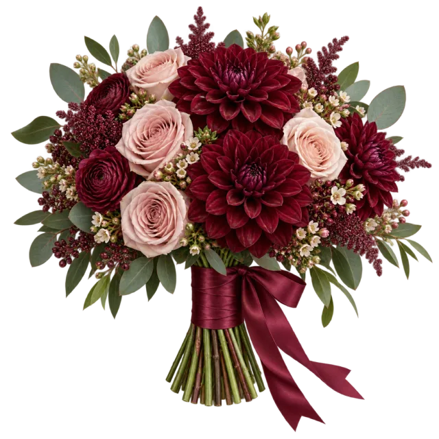 A bouquet combines burgundy flowers, pale pink roses and green leaves