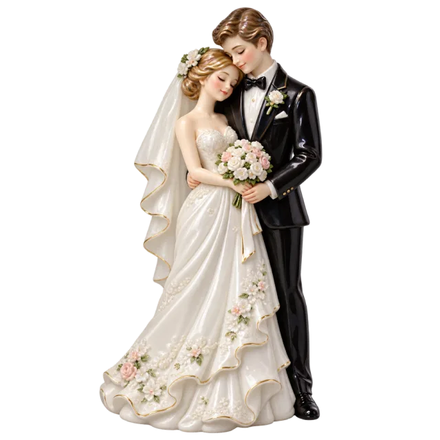 A small bride-and-groom figurine stands in formal wedding clothing
