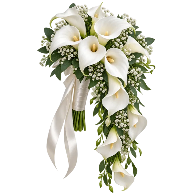 White calla lilies form a cascading bouquet with pale ribbons