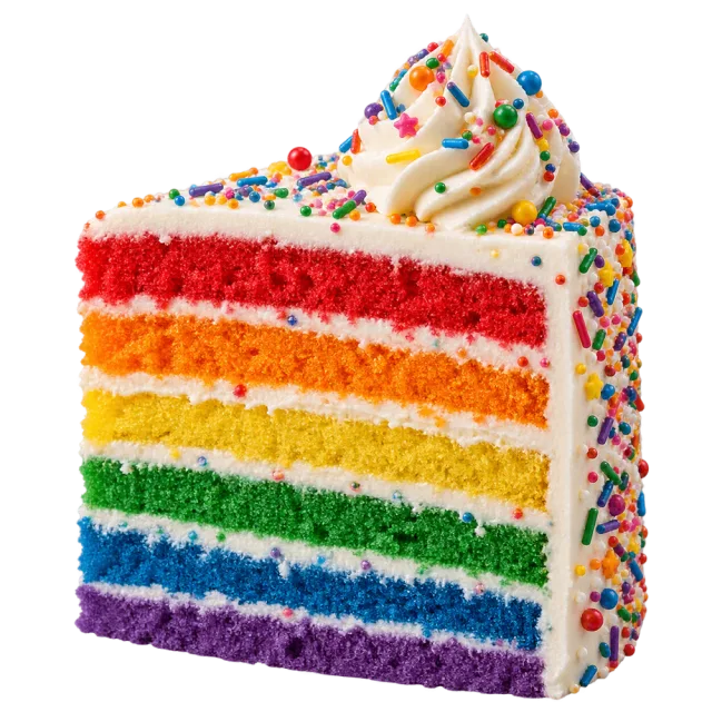 Realistic-style rainbow sponge cake slice with white frosting, sprinkles and a frosting swirl on a transparent background