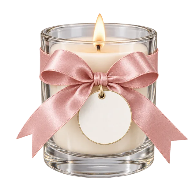 A glass candle favor has a pink bow and blank round tag
