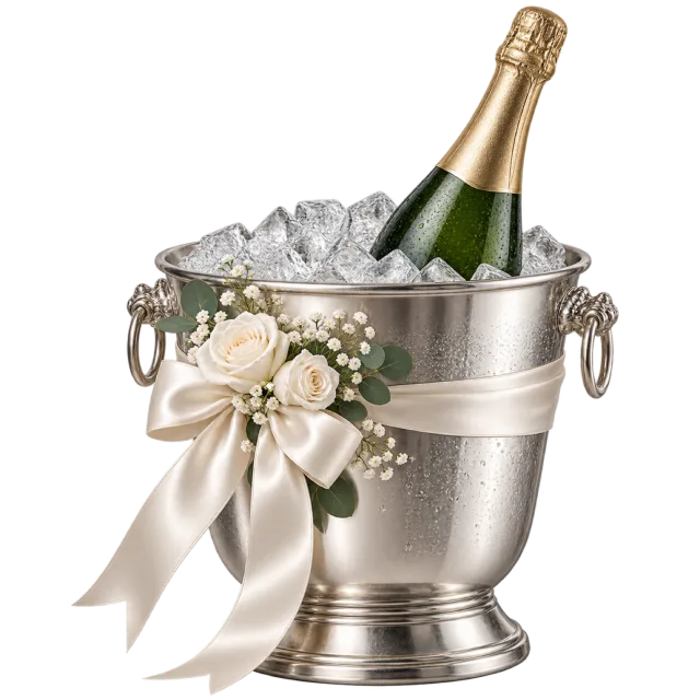 A bottle rests inside a decorated silver-colored ice bucket