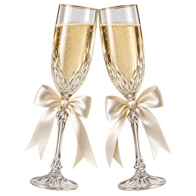 Two decorated champagne flutes have ivory ribbon bows