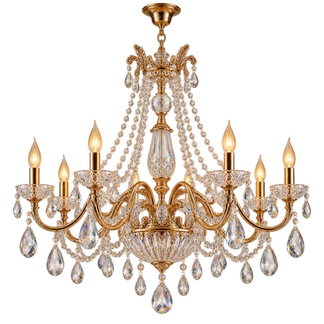 An ornate gold-colored chandelier has hanging clear drops