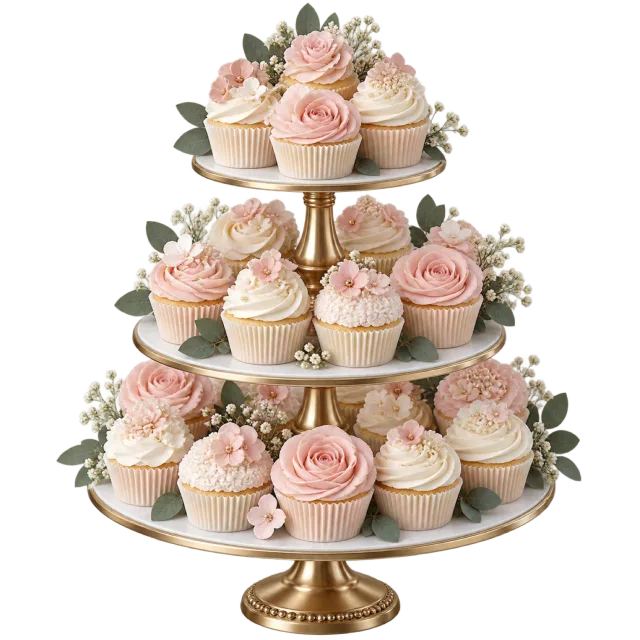 A tiered stand holds pink and cream cupcakes with flowers
