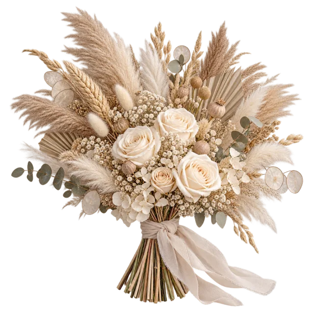 Cream roses and dried grasses form a pale neutral bouquet