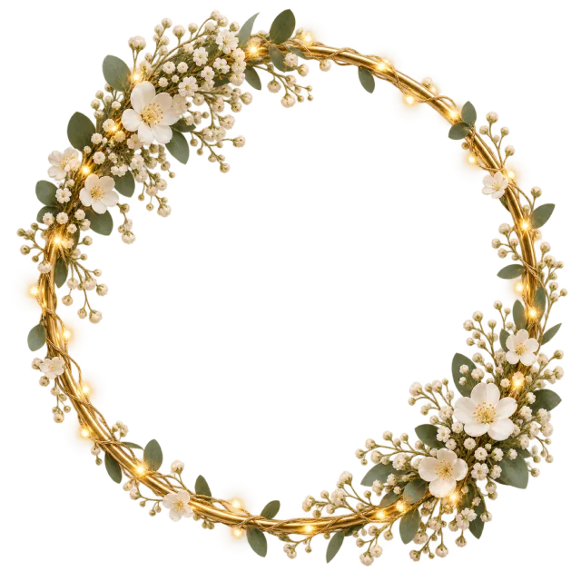 A thin gold-colored hoop has tiny lights and pale flowers