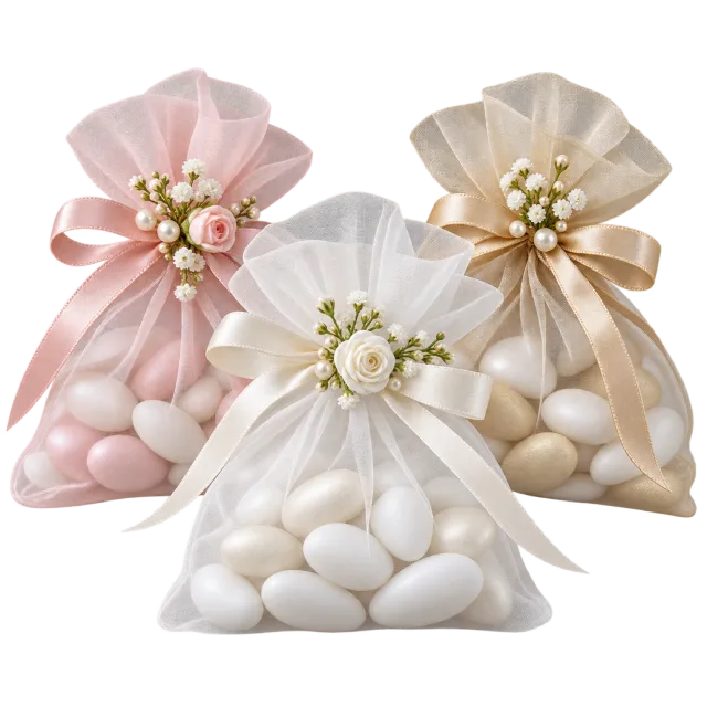 Pink, white and cream favor pouches have ribbon ties