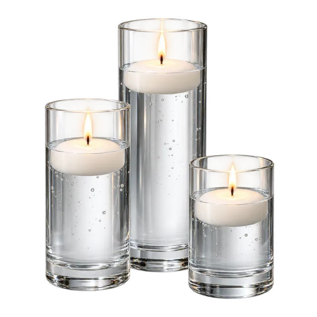 Three floating candles sit in clear cylinders of different heights