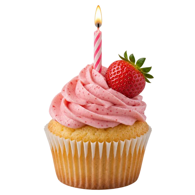 Realistic-style vanilla cupcake with pink frosting, a fresh strawberry and one lit striped candle on a transparent background