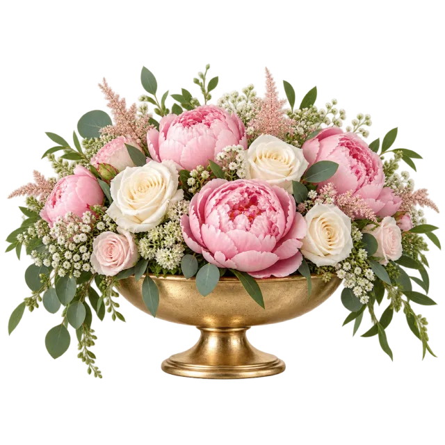 Pink and white flowers fill a gold-colored pedestal bowl