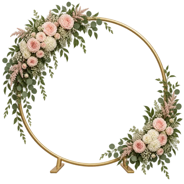 A round gold-colored wedding arch has clusters of pink and cream flowers
