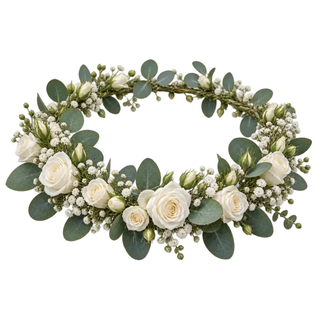 White roses and green leaves form a circular flower crown