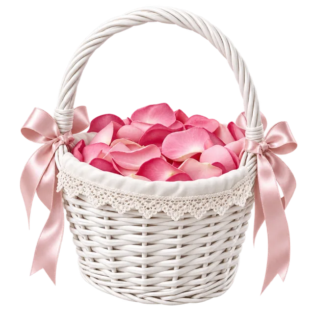 A white basket holds pink petals and has pink ribbon bows