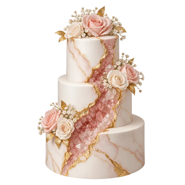 A pale tiered cake has pink crystal-style decoration and roses