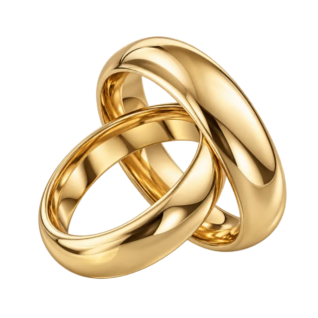 Two interlocking gold-colored wedding bands overlap
