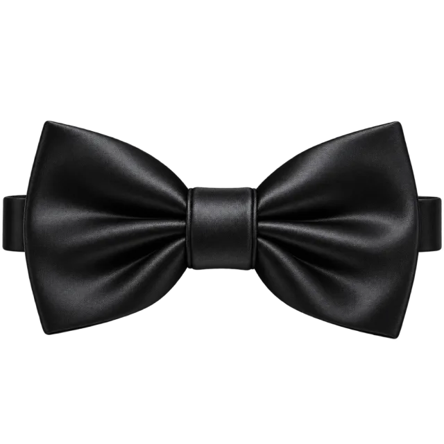 A black bow tie has a smooth satin-like finish