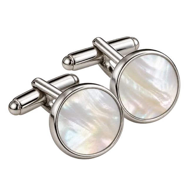 Two silver-colored cufflinks have pale iridescent centers