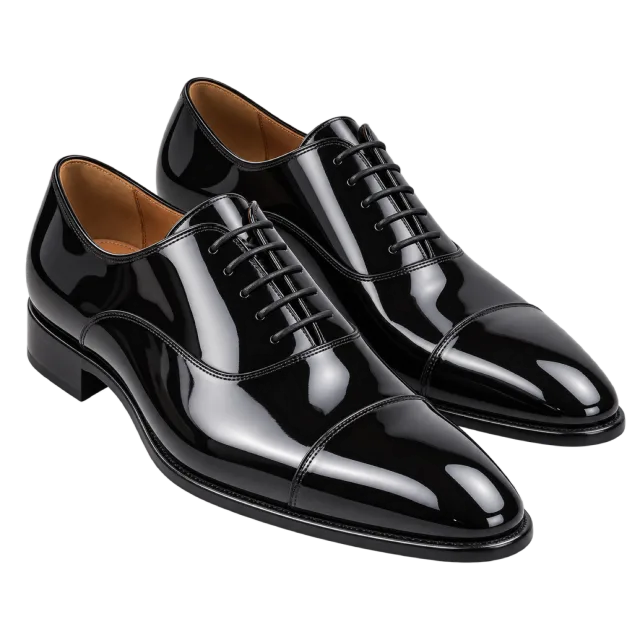 A pair of glossy black formal shoes has laces