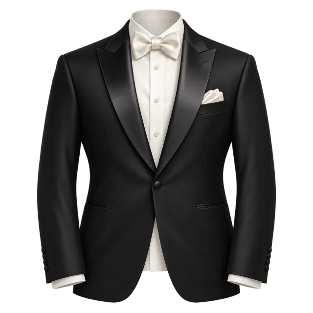 A black tuxedo jacket is shown with a white shirt and bow tie