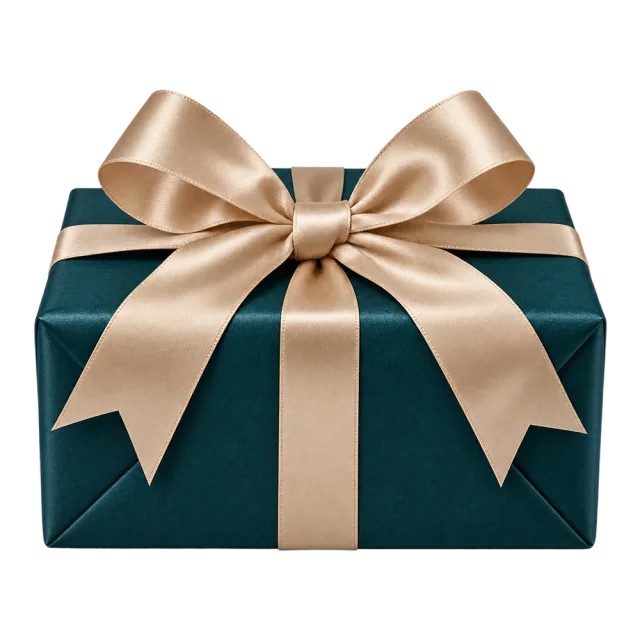 Realistic-style dark teal gift box wrapped with a champagne-colored satin ribbon and bow on a transparent background