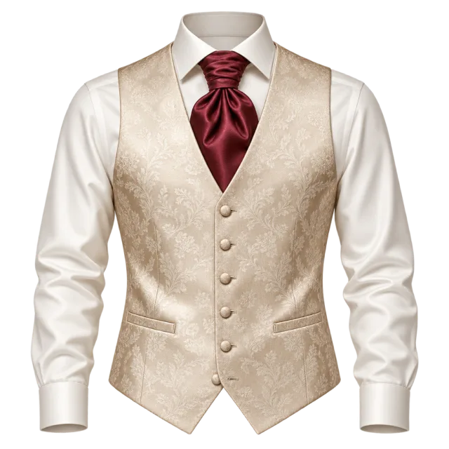 A cream patterned waistcoat is shown with a white shirt and burgundy cravat